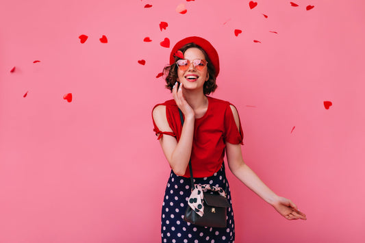 Smiling woman showcasing a Valentine's Day look