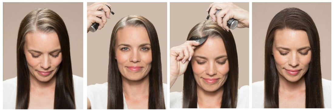 Step-by-step process of applying Toppik, before and after application on a woman's long hair