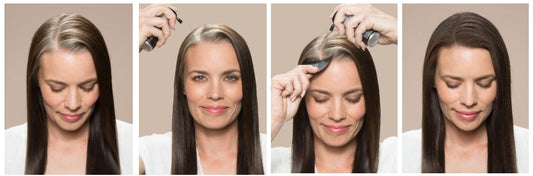 Step-by-step process of applying Toppik, before and after application on a woman's long hair