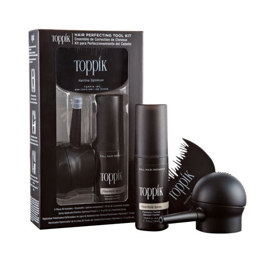 Toppik hair perfecting tool kit with fiber hold spray, spray applicator, and hairline optimizer