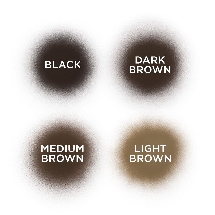 4 shades of Toppik, black, dark brown, medium brown, and light brown