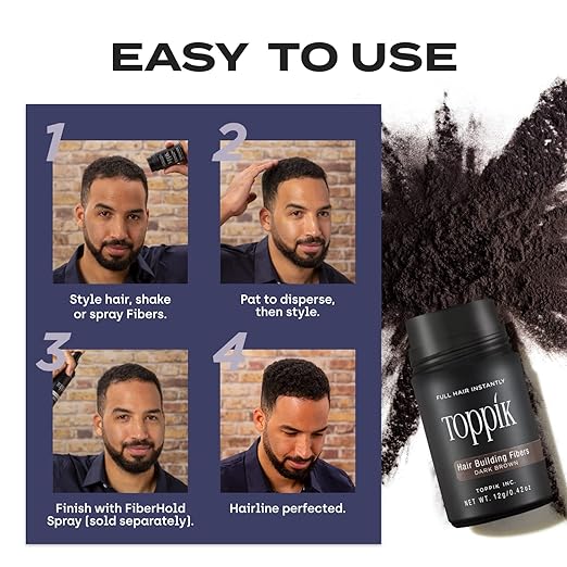 easy to use in 4 steps Toppik hair building fibers in dark brown